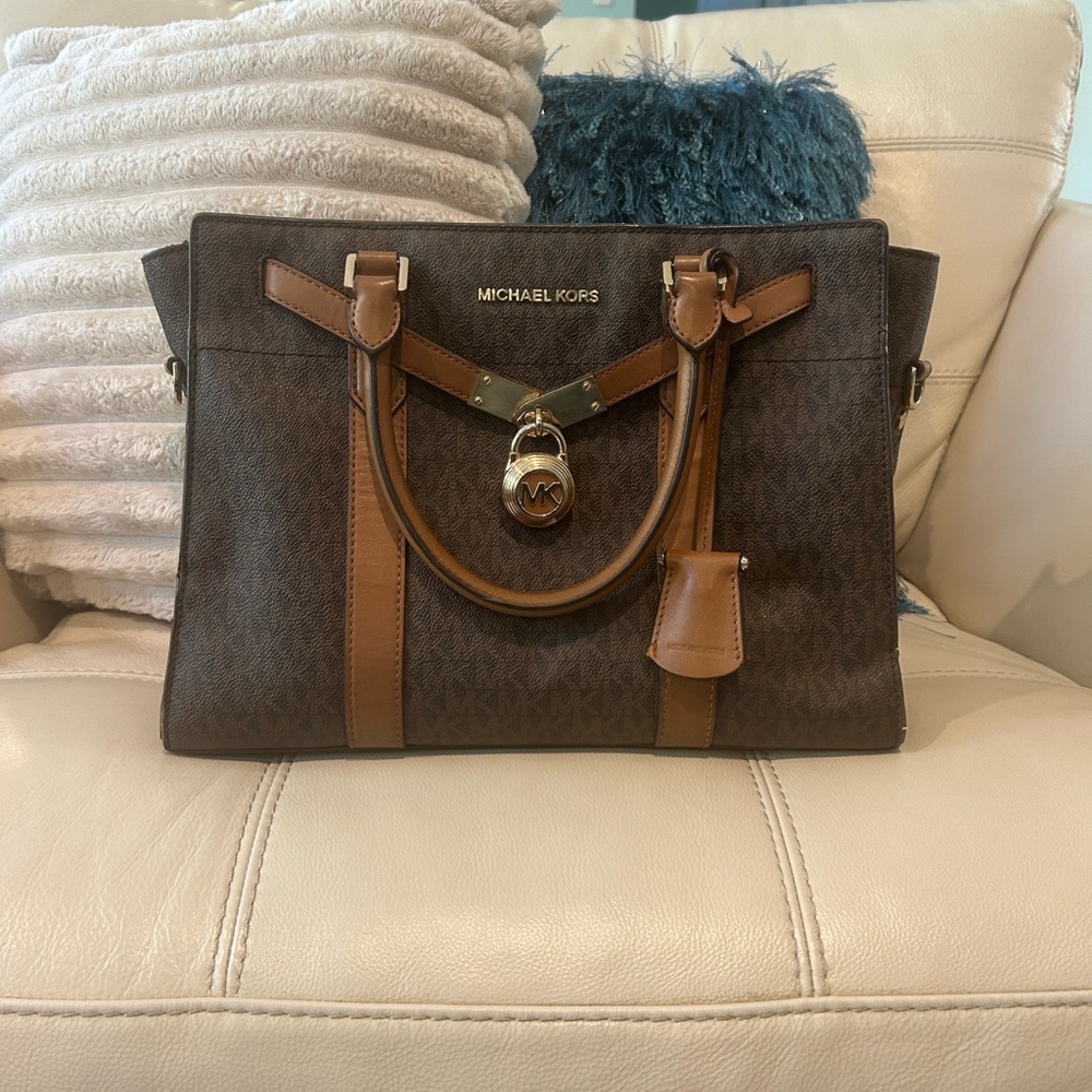 Michael Kors Brown and Tan Logo Satchel with Gold Hardware